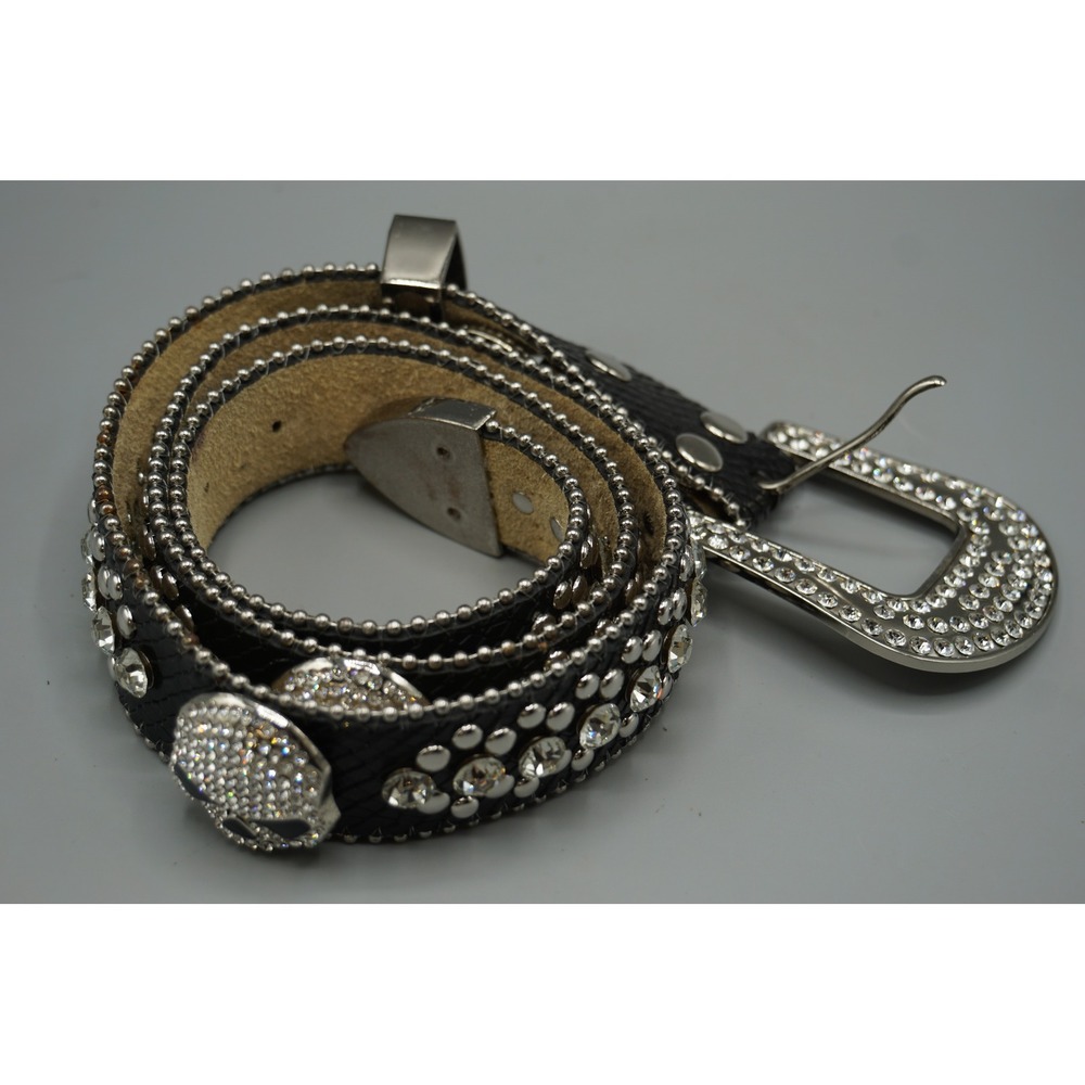 Black Genuine Leather Rhinestone Skull Belt Western Studded Y2K Medium 45 Inch